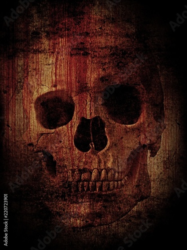 A human skull with a bloody effect against a background of grunge texture. Suitable for Halloween, Horror, Gothic, or Satanic themes