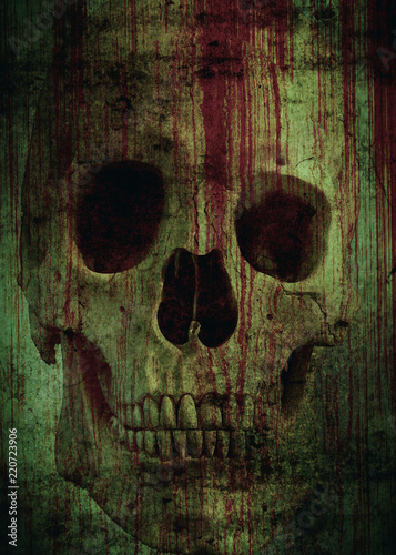 A human skull with a bloody effect against a background of grunge texture. Suitable for Halloween, Horror, Gothic, or Satanic themes