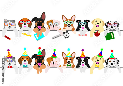 cute pups border set, with school items and with party hats and ties © Studio Ayutaka