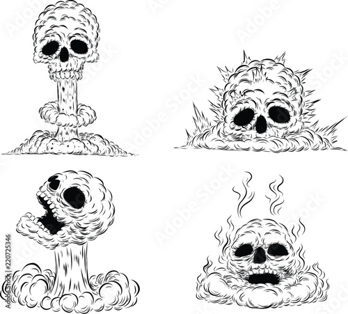 Bomb explosion skull mushroom cloud by hand drawing.Bomb cloud vector on white background.