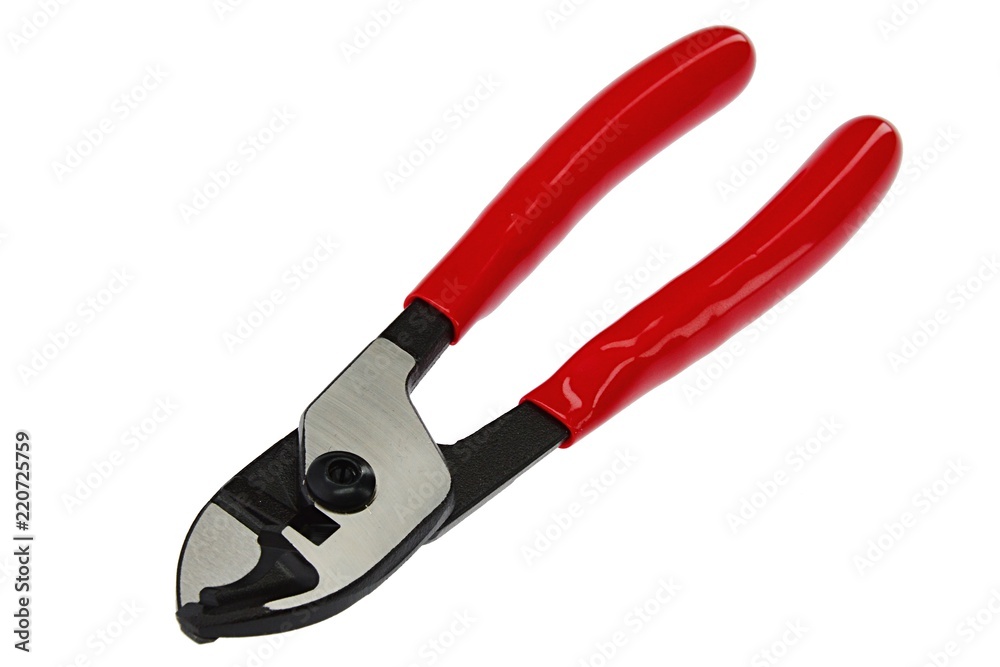 Cable cutting combination pliers with red insulated handle on white background Cable cutting combination pliers with red insulated handle on white background