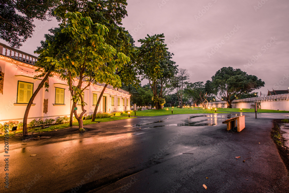 Night view and rain shower in Mahakarn fort, Mahachai Road, Wat Boraveiwet, Pom Prap Sattru Phai, Bangkok, Thailand
