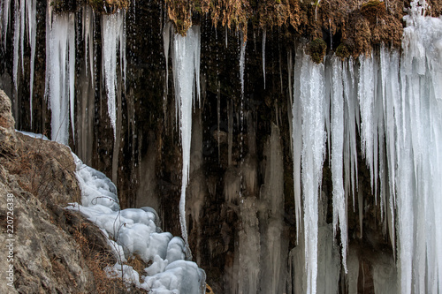 Frozen Waterfall of Ice in Yuntai Mountain. Xiuwu County, Jiaozuo, Henan Province China. Frozen Water, icicles, Yuntai UNESCO Global Geopark, Yuntaishan. National Parks of China, Cold River Water photo