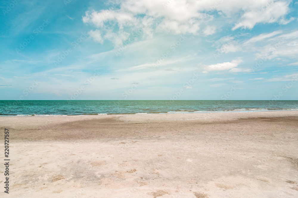 Gulf of thailand sea summer wave background. Exotic sea beach landscape with clouds on horizon. Natural tropical water paradise beach.Thailand beach nature relax. Travel tropical Hua hin, Thailand.