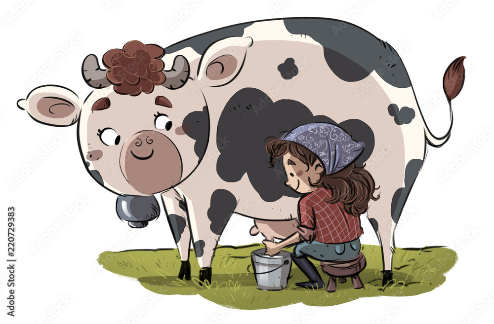 niña ordeñando una vaca feliz Stock Illustration | Adobe Stock