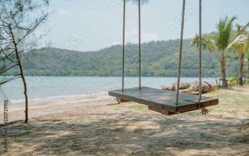 Sea view with lonely wooden swing on sandy beach. And Coconut tree with mountain, sky background.