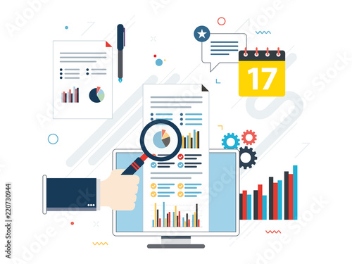 Financial investment, analytics with growth report. Calculations and graphs of gains on the stock market and real cash earnings. Successful business. Flat design vector illustration concept.