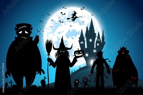 illustration blue background,festival halloween concept,full moon on dark night with many ghost,scarecrow,frankenstein and devil walking to castle for celebration halloween day