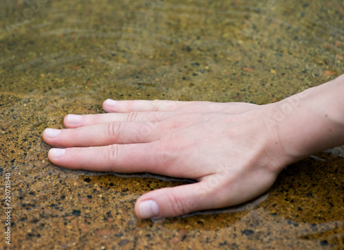 Close up of female hand touching water surface in botanic garden pond. © bjphotographs
