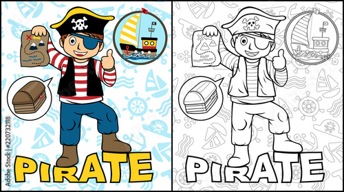 Vector illustration of coloring book or page with pirate cartoon