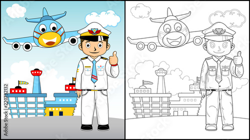 Vector illustration of coloring book or page with pilot cartoon