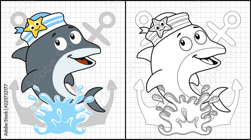 Vector illustration of coloring book or page with dolphin cartoon