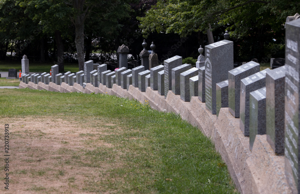 Fairview Lawn Cemetery Halifax, Titanic Disaster Victims Graves arranged neatly, no people, 