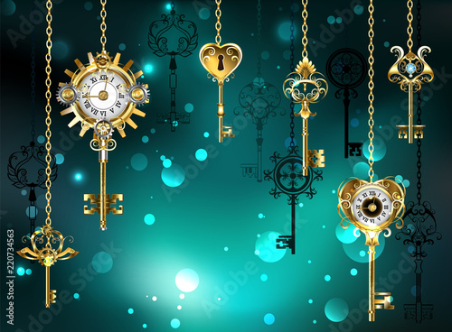 Antique keys on green background
