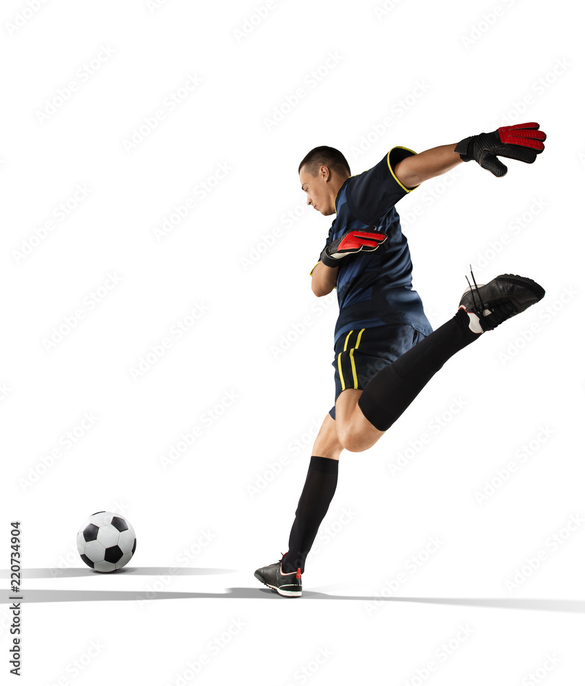 goalkeeper kicking the ball in the isolated on white