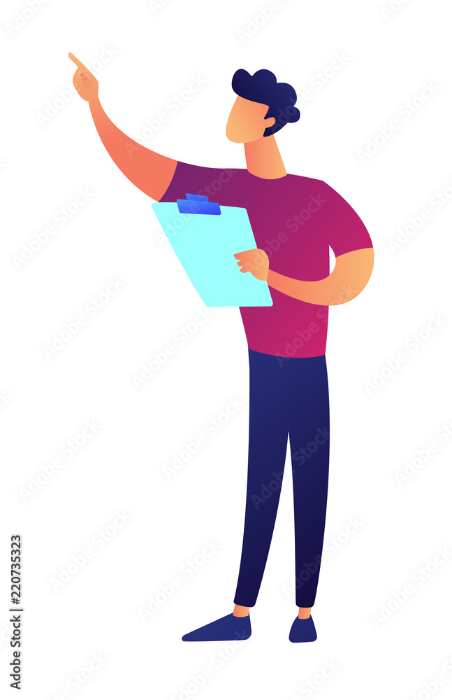 Businessman pointing with finger and holding clipboard vector illustration. Specialist and business manager, project presentation, conference and lecture concept. Isolated on white background. Businessman pointing with finger and holding clipboard vector illustration. Specialist and business manager, project presentation, conference and lecture concept. Isolated on white background.