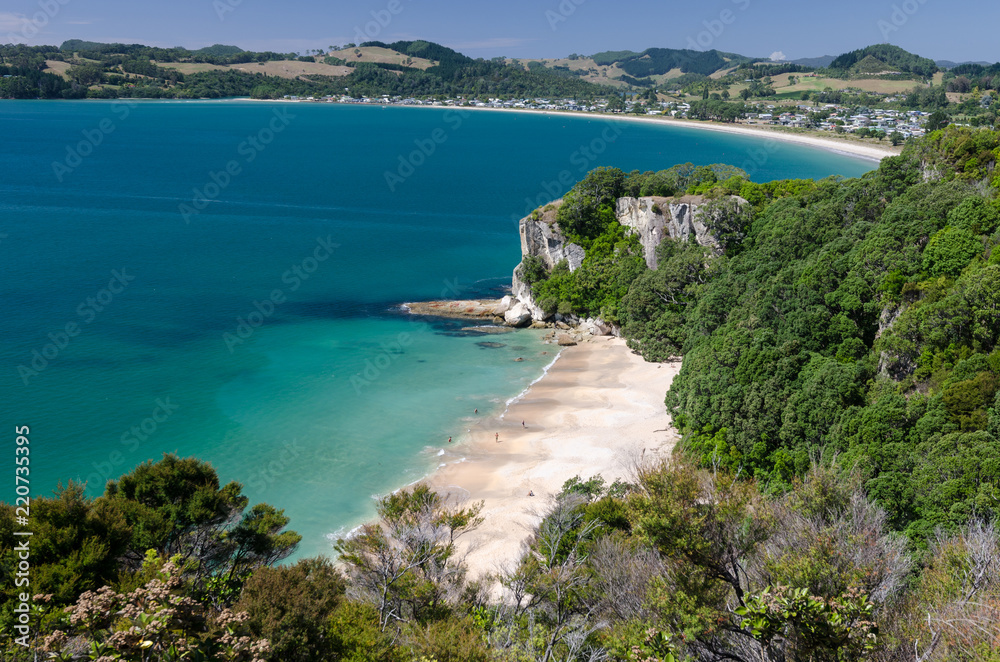 Elevated view of beautiful, sandy Lonely Bay with Cooks Beach in the background. Mercury Bay, Coromandel, New Zealand.