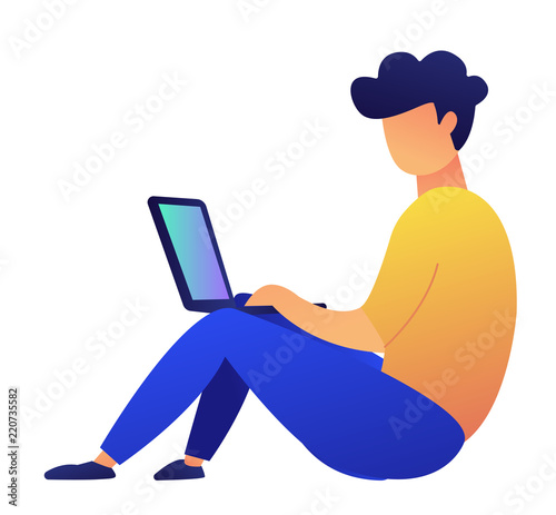 Freelancer sitting on the floor looking at laptop vector illustration. Freelancing and digital marketing, designer and developer, programmer and ITspecialist concept. Isolated on white background.