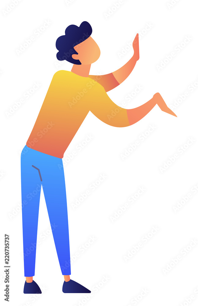 Manager demonstrating with gestures and presenting with both hands vector illustration. Creativity and imagination, consultant and salesman presenting concept. Isolated on white background. Manager demonstrating with gestures and presenting with both hands vector illustration. Creativity and imagination, consultant and salesman presenting concept. Isolated on white background.