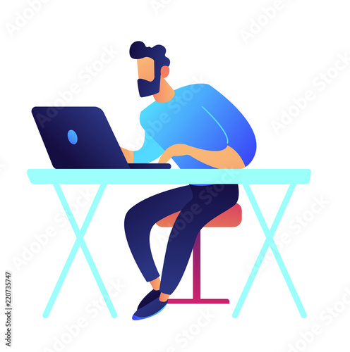 Gamer with laptop sitting at desk vector illustration. IT specialist and freelance designer, developer and office worker, working on internet and studying online concept. Isolated on white background.