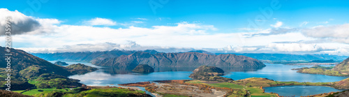 Panorama view, Lake Wanaka in autumn. View from Diamond lake track, Mt aspiring, Wanaka, New Zealand.