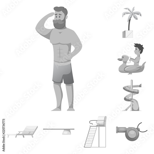 Vector illustration of pool and swimming symbol. Collection of pool and activity stock symbol for web.