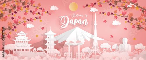 Panorama travel postcard, poster, tour advertising of world famous landmarks of Japan, autumn season in paper cut style. Vector illustration. photo