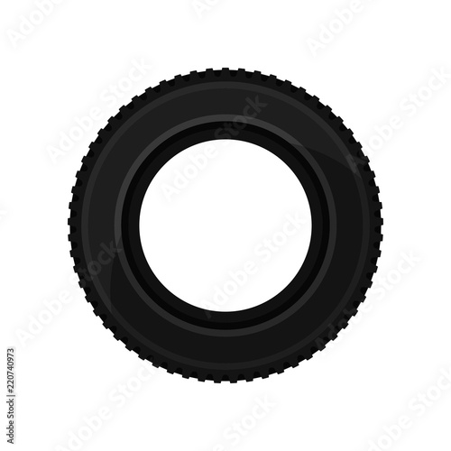 Black car tire, side view. Automobile parts theme. Flat vector element for sale poster or flyer of auto shop