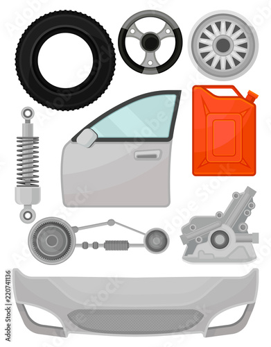 Flat vector set of automobile parts. Door, front bumper, steering wheel, tire, shock absorber. Elements for car repair service