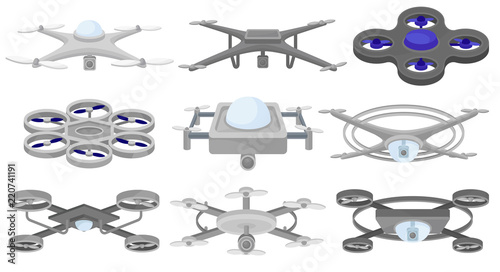Flat vector set of different. Unmanned aerial vehicles. Flying drones. Modern technology