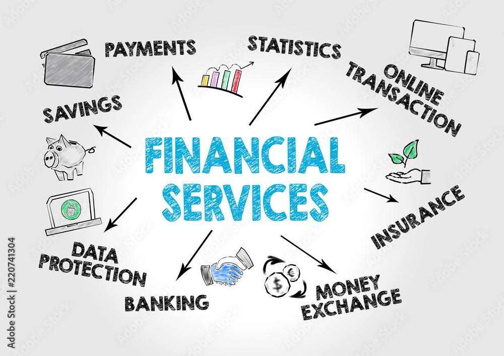 Financial Services Concept. Chart with keywords and icons on gray background