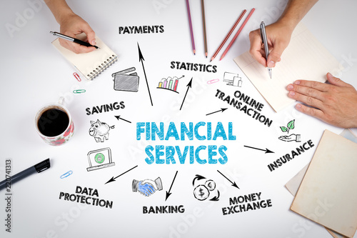 Financial Services Concept. Chart with keywords and icons. The meeting at the white office table