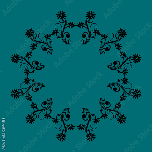 Modern pattern. Vector background with black radial shapes and swirls on green. Trendy floral ornament.