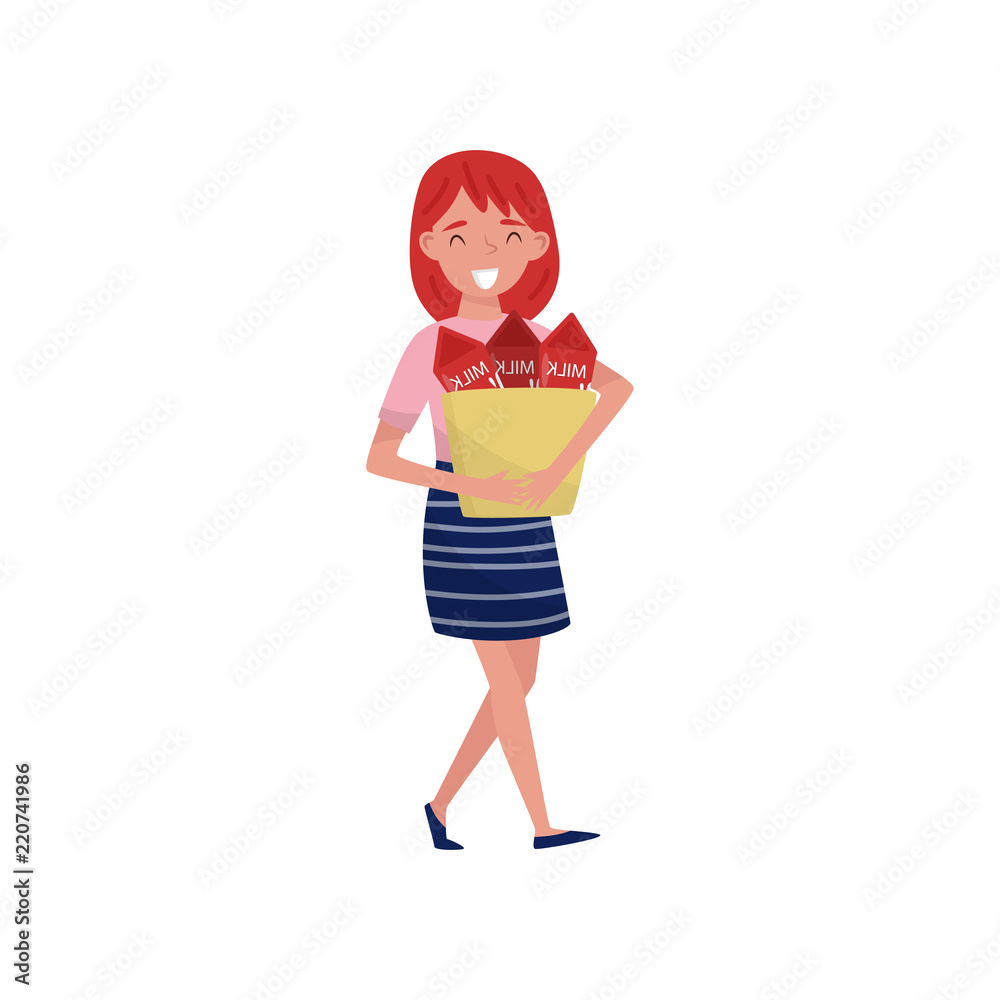 Young girl walking with shopping paper bag full of milk boxes. Woman carrying fresh dairy products from store. Flat vector design Young girl walking with shopping paper bag full of milk boxes. Woman carrying fresh dairy products from store. Flat vector design
