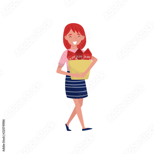 Young girl walking with shopping paper bag full of milk boxes. Woman carrying fresh dairy products from store. Flat vector design