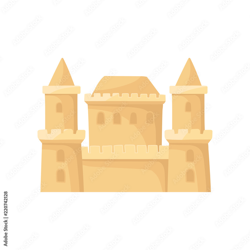 Big sandcastle with two towers. Children beach game. Flat vector element for mobile game or travel poster