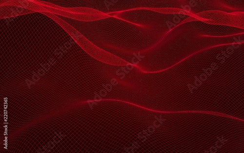 Abstract landscape on a red background. Cyberspace grid. Hi-tech network. 3D illustration