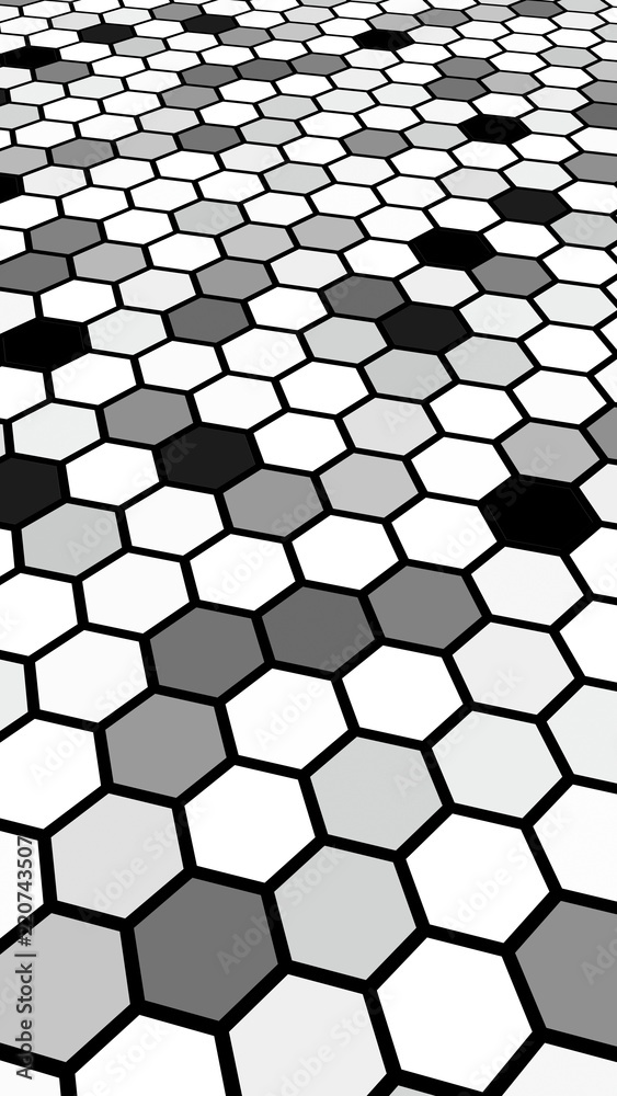 Black honeycomb with a gradient color. Perspective view on polygon look like honeycomb. Isometric geometry. 3D illustration Black honeycomb with a gradient color. Perspective view on polygon look like honeycomb. Isometric geometry. 3D illustration