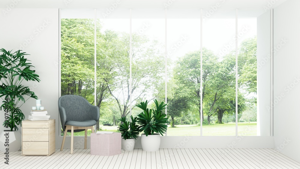 Fototapeta premium Wewnętrzny minimalny hotel relaksuje przestrzeń 3d rendering i natury widoku tło