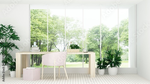 The interior minimal hotel relax space 3d rendering and nature view background