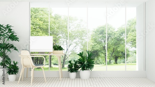 The interior minimal work space 3d rendering and nature view background