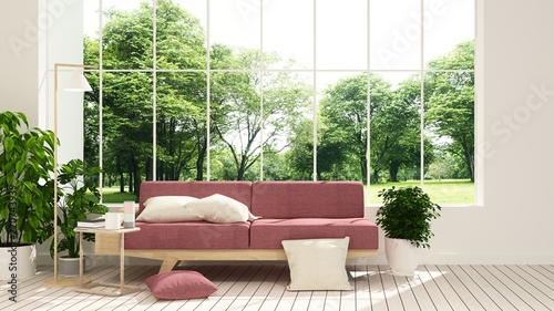 The interior minimal hotel relax space 3d rendering and nature view background