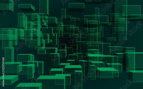 Green and dark abstract digital and technology background. The pattern with repeating rectangles. 3D illustration