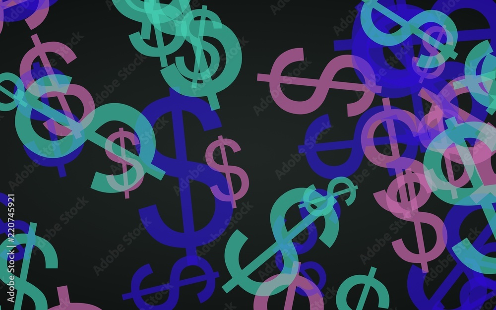 Multicolored translucent dollar signs on dark background. Green tones. 3D illustration