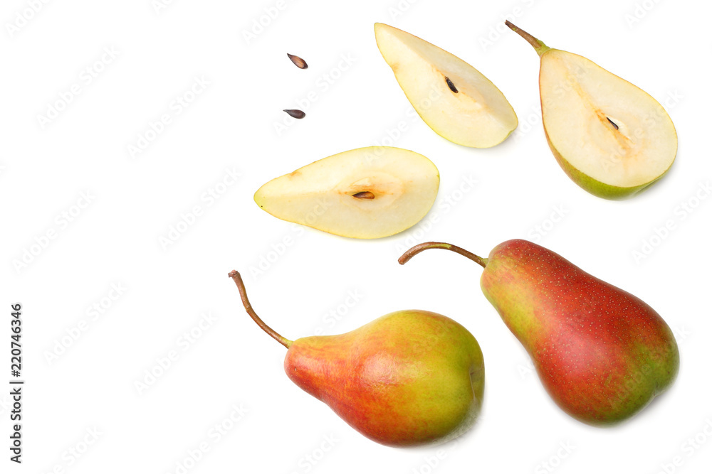 pear with slices isolated on white background. top view pear with slices isolated on white background. top view
