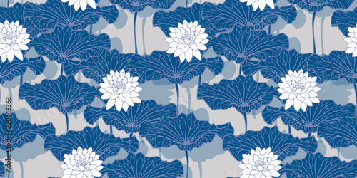 asian style wallpaper pattern with lotus pond in blue shades