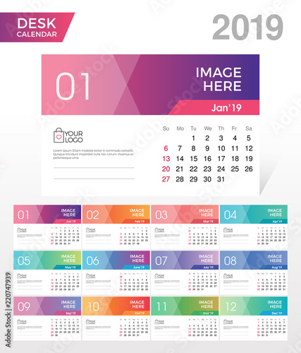 Desk Calendar 2019. Simple Colorful Gradient minimal elegant desk calendar template in white background
