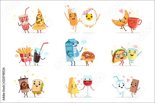 Cute comic food cartoon characters, best friends vector Illustrations