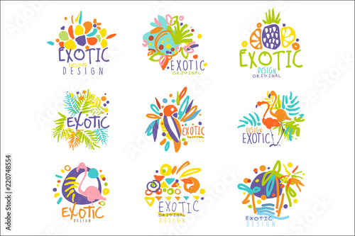 Exotic, tropical summer vacation set of logo graphic templates