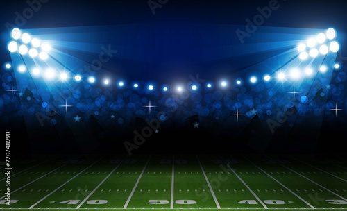American football arena field with bright stadium lights design. Vector illumination